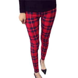 Cartoon Printed Leggings Stretch Punk Rock Disco Pants Evening Clubwear Trousers Red plaid