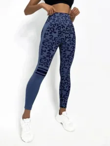 Women Leopard Legging Lifting Hip Honey Peach Hip Fitness Pants Yoga Suit Tight Running Sports Pants - Blue