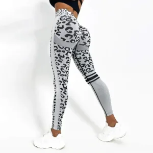 Women Leopard Legging Lifting Hip Honey Peach Hip Fitness Pants Yoga Suit Tight Running Sports Pants - Gray